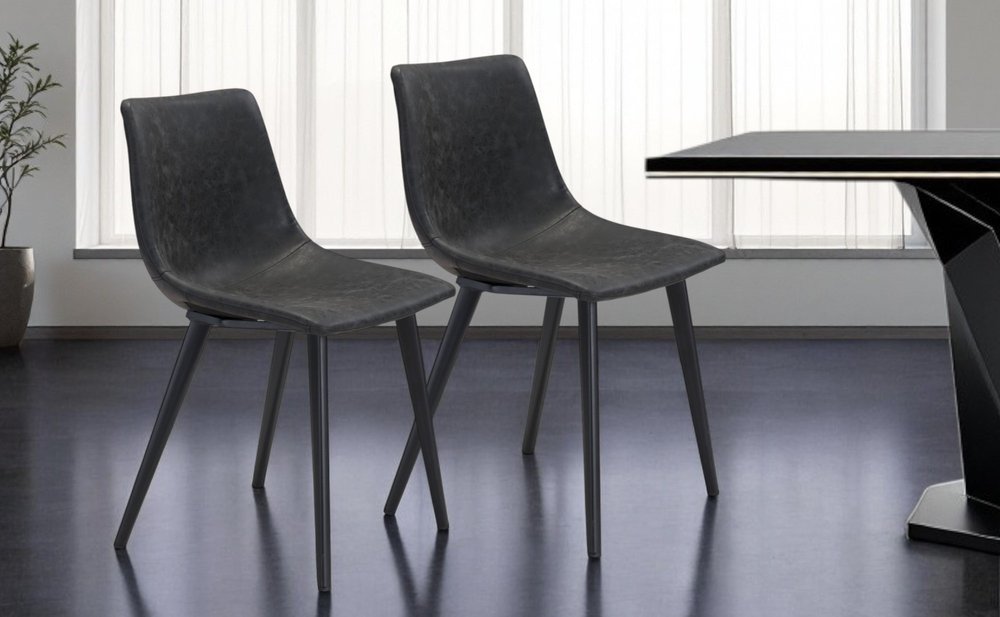Set of Two Black Upholstered Faux Leather Dining Side Chairs
