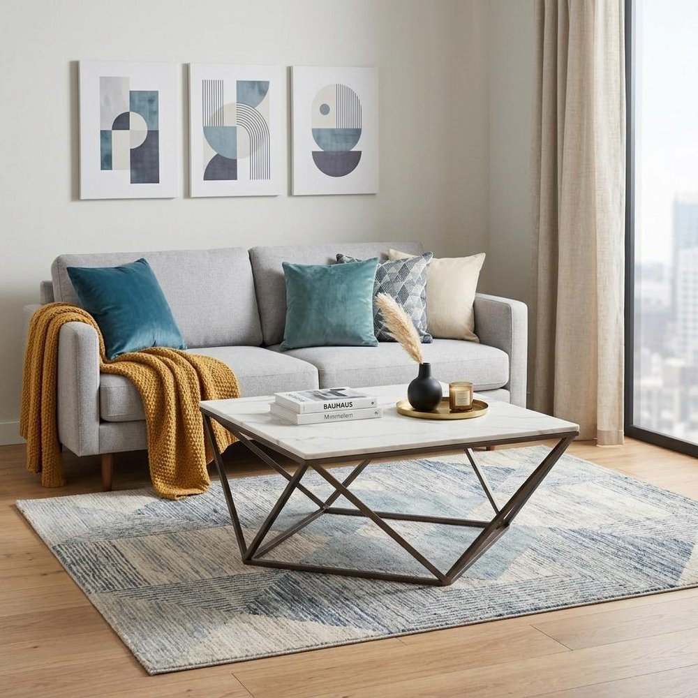 White and Antiqued Brass Faux Marble and Steel Square Abstract Coffee Table
