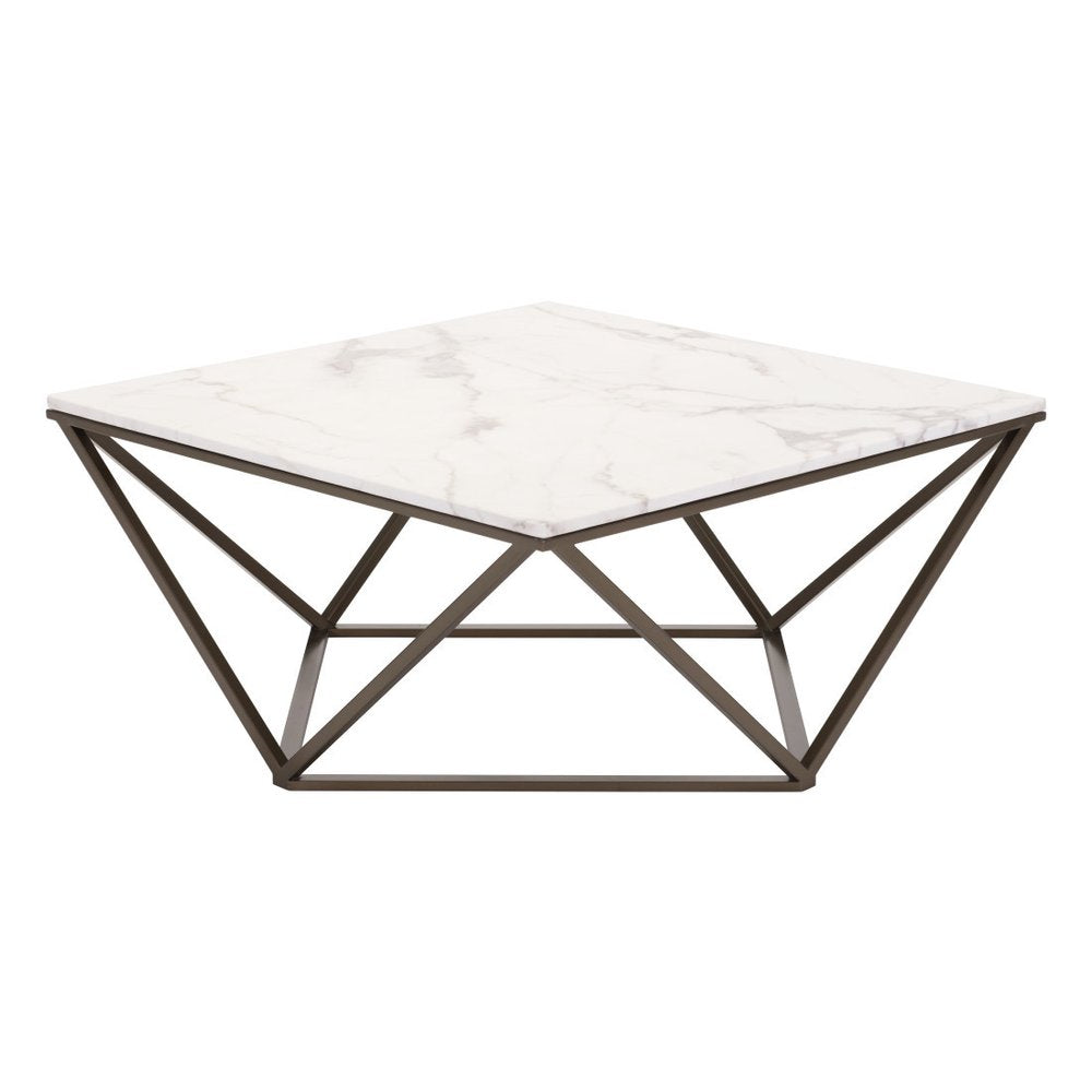 White and Antiqued Brass Faux Marble and Steel Square Abstract Coffee Table