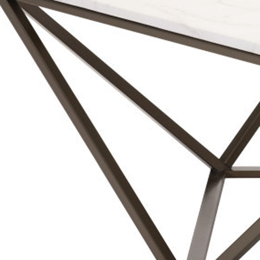 White and Antiqued Brass Faux Marble and Steel Square Abstract Coffee Table