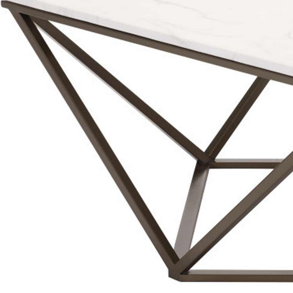 White and Antiqued Brass Faux Marble and Steel Square Abstract Coffee Table