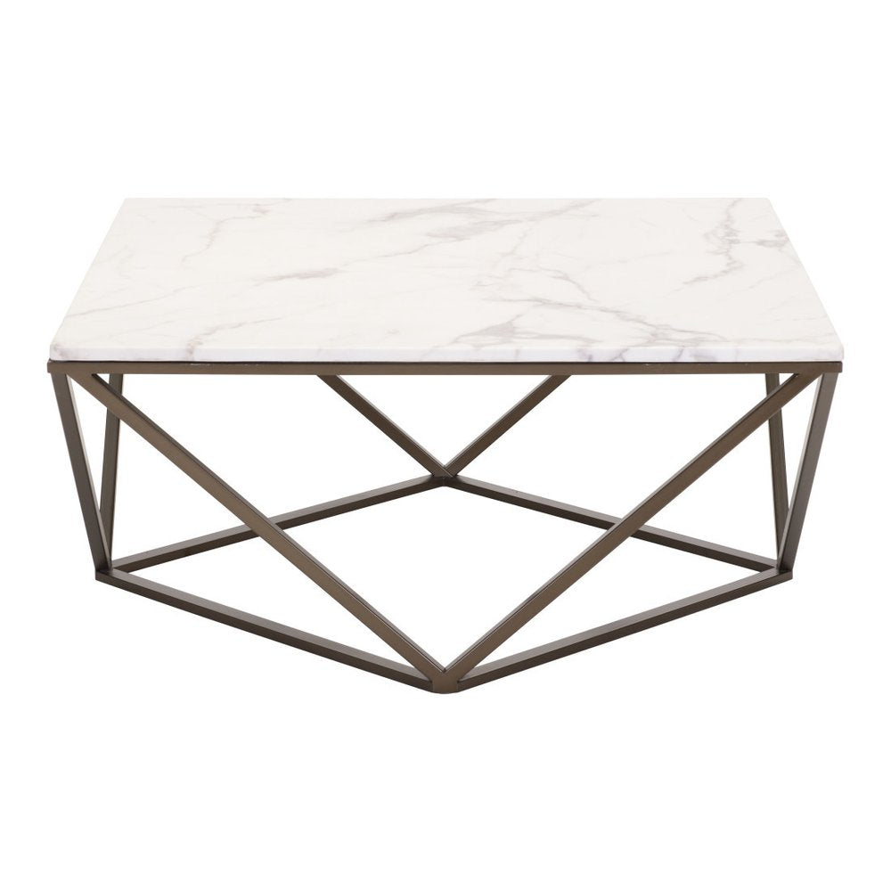 White and Antiqued Brass Faux Marble and Steel Square Abstract Coffee Table