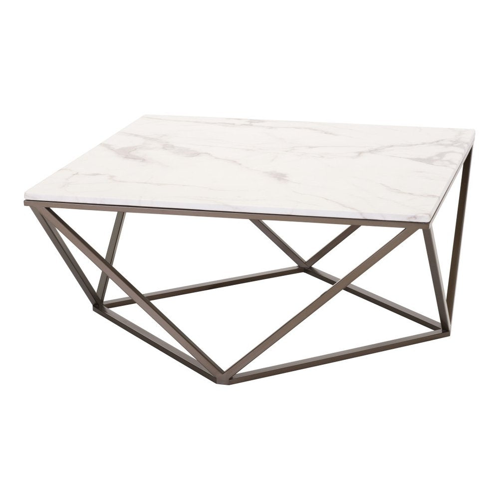White and Antiqued Brass Faux Marble and Steel Square Abstract Coffee Table