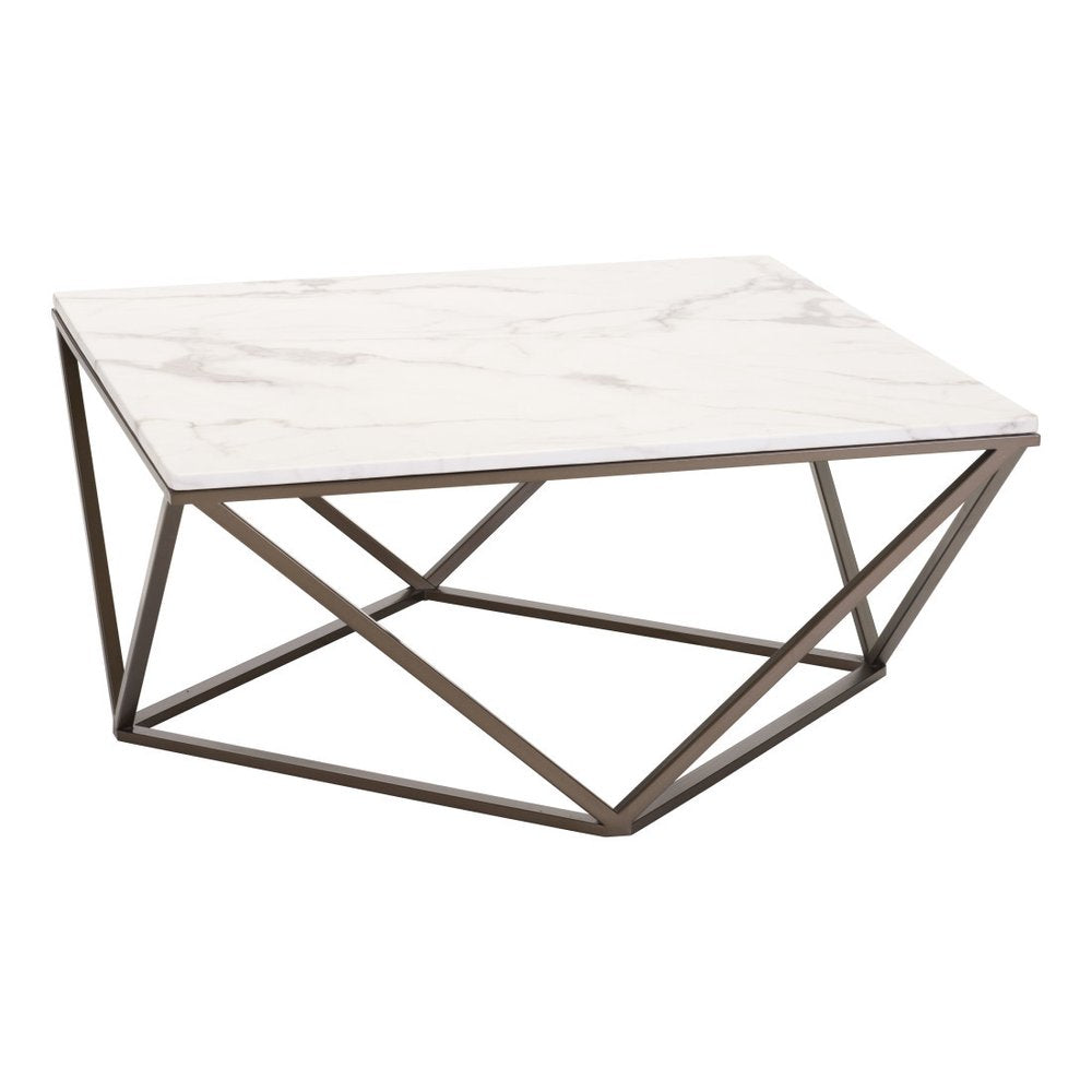 White and Antiqued Brass Faux Marble and Steel Square Abstract Coffee Table