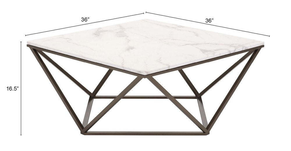 White and Antiqued Brass Faux Marble and Steel Square Abstract Coffee Table