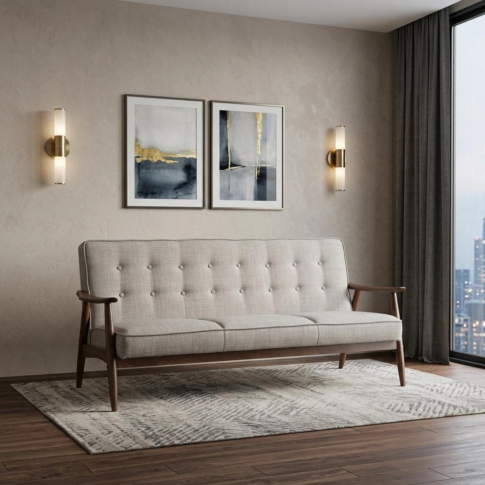 Beige Polyester Sofa with Brown Legs - 69-inch