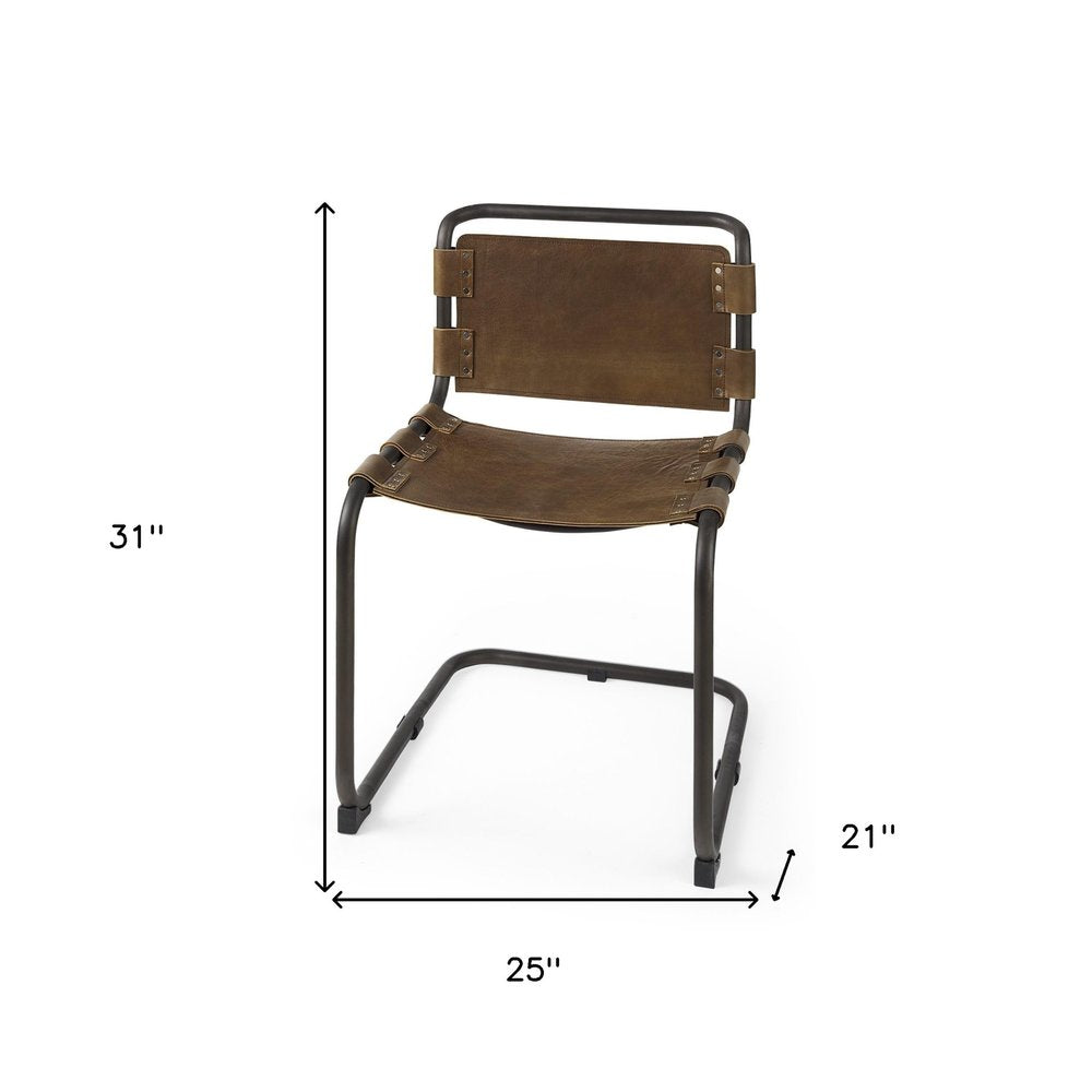 Brown and Black Leather Metal Open Back Dining Side Chair