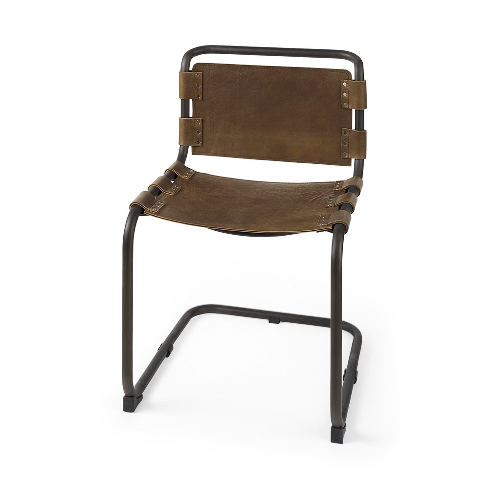 Brown and Black Leather Metal Open Back Dining Side Chair
