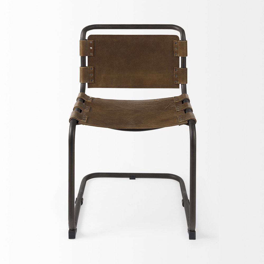 Brown and Black Leather Metal Open Back Dining Side Chair