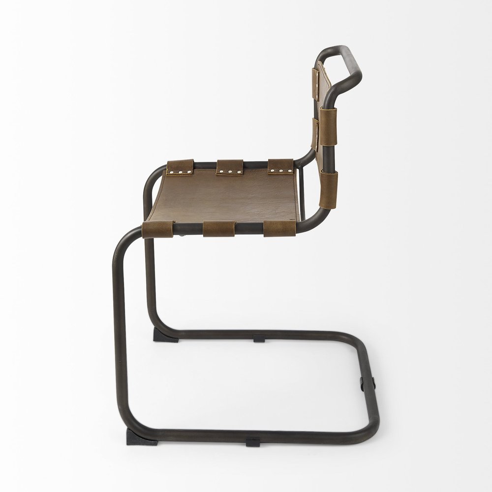 Brown and Black Leather Metal Open Back Dining Side Chair