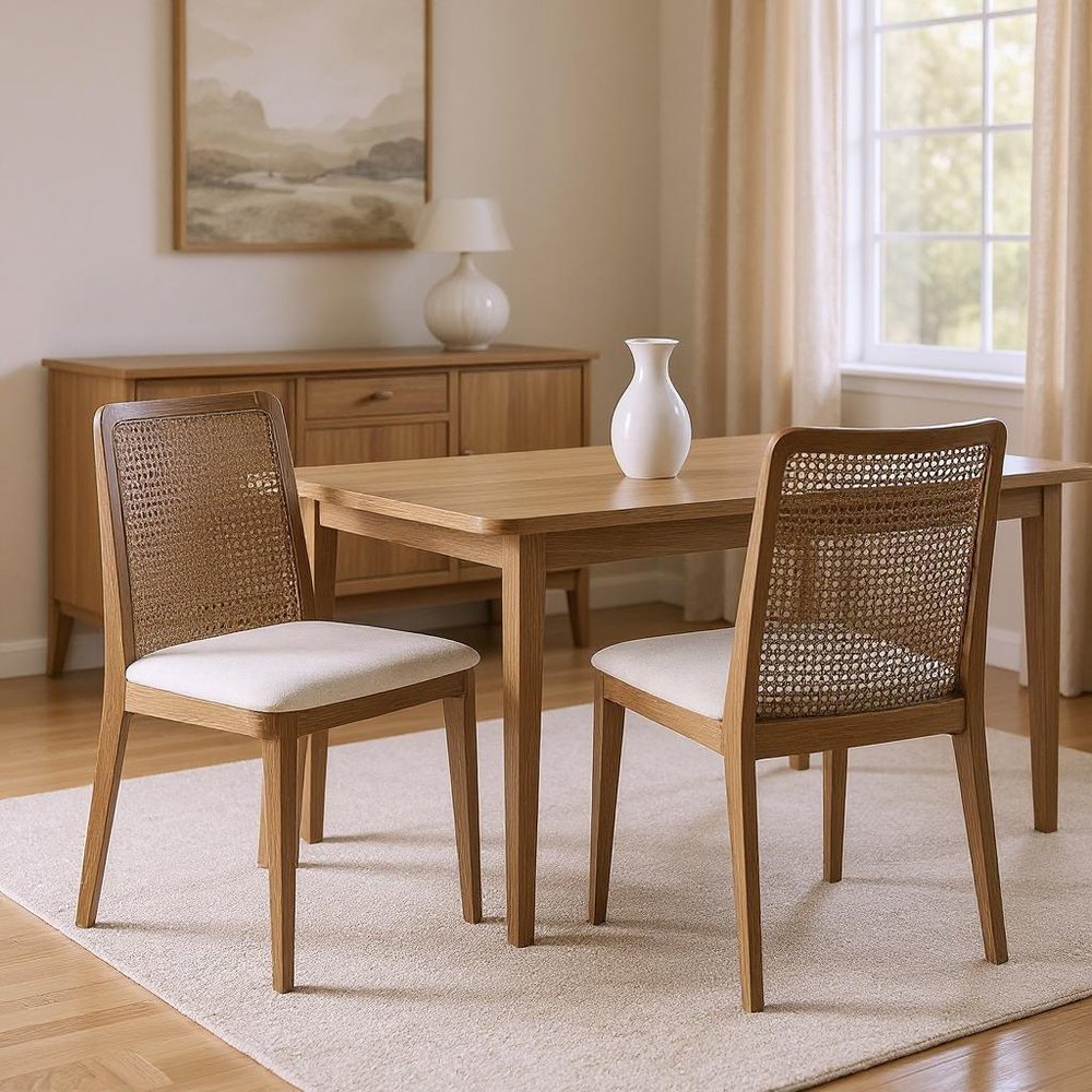 Set of Two Cream and Brown Upholstered Fabric Cross Back Side Chairs