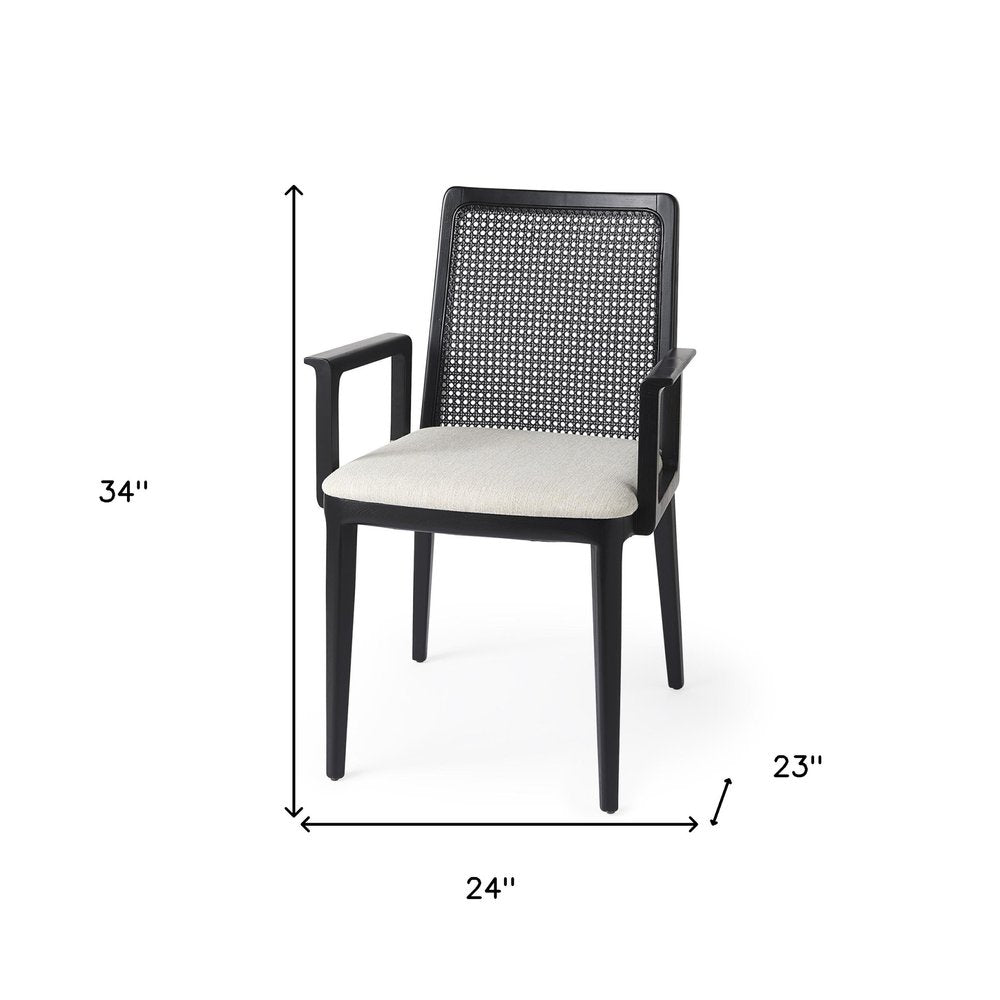 Cream and Black Upholstered Fabric Dining Arm Chair