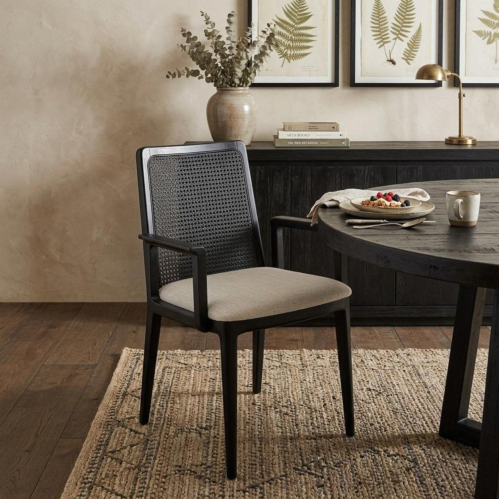 Cream and Black Upholstered Fabric Dining Arm Chair