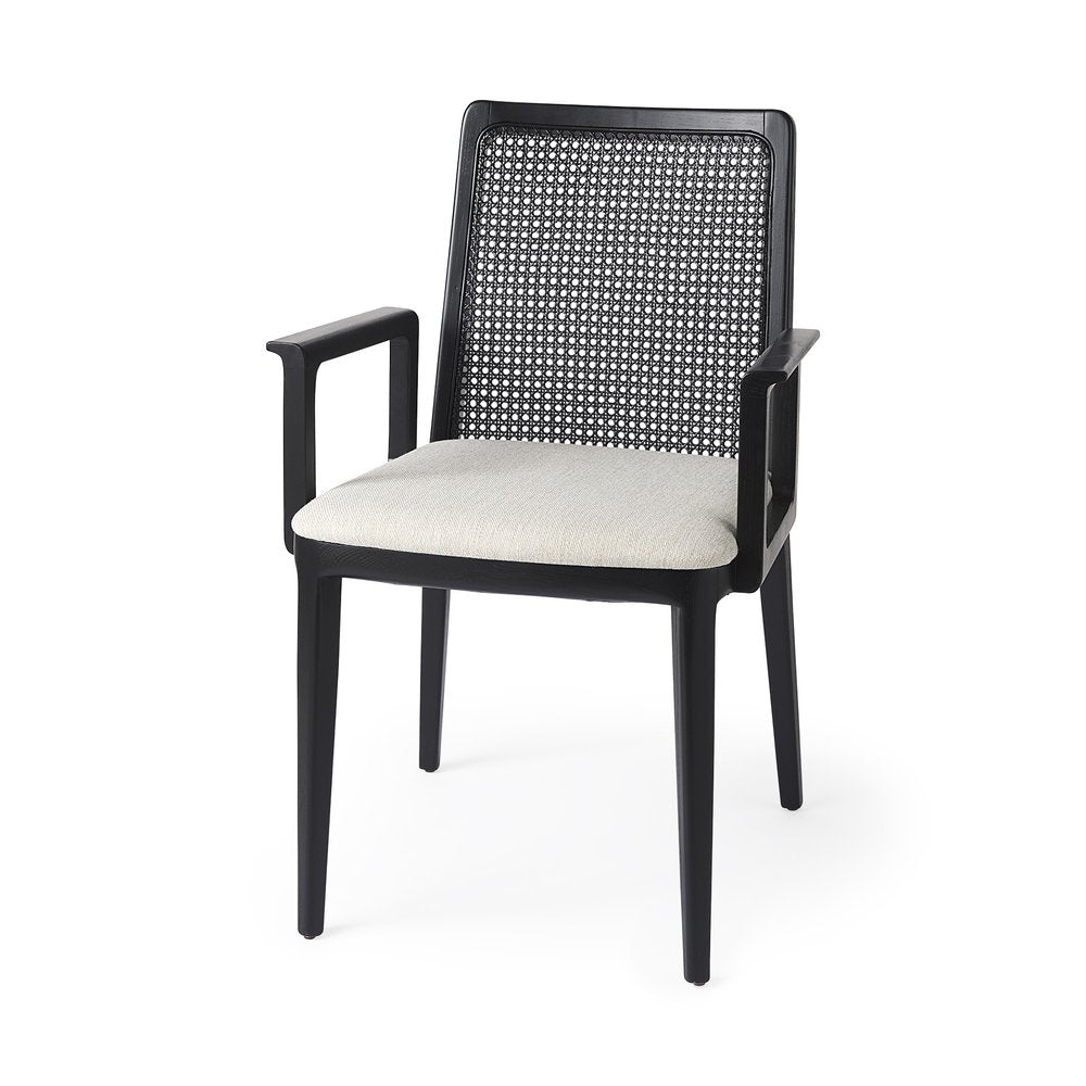 Cream and Black Upholstered Fabric Dining Arm Chair