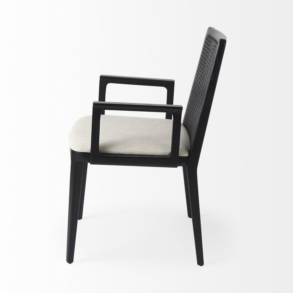 Cream and Black Upholstered Fabric Dining Arm Chair