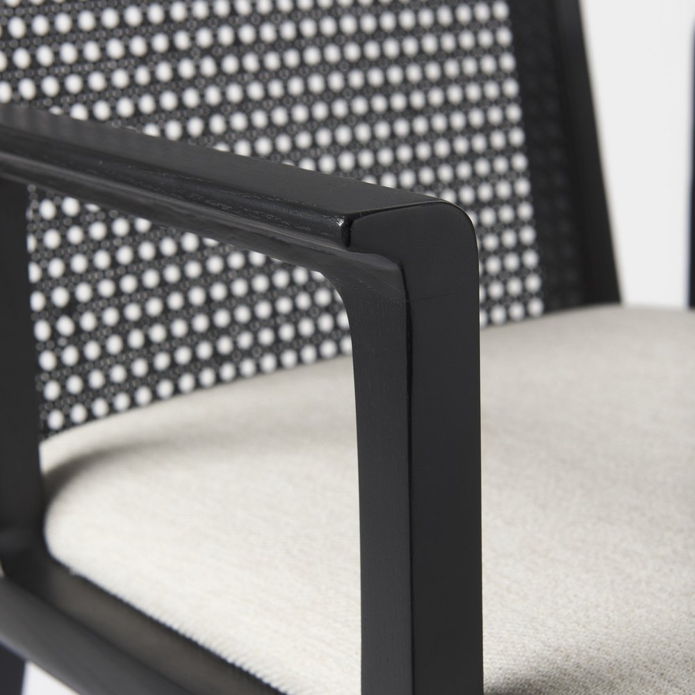 Cream and Black Upholstered Fabric Dining Arm Chair