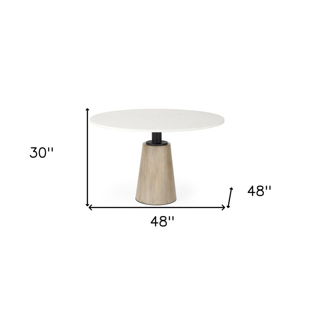 White and Natural Rounded Marble Pedestal Base Dining Table - 48-inch
