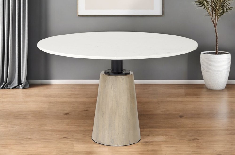 White and Natural Rounded Marble Pedestal Base Dining Table - 48-inch