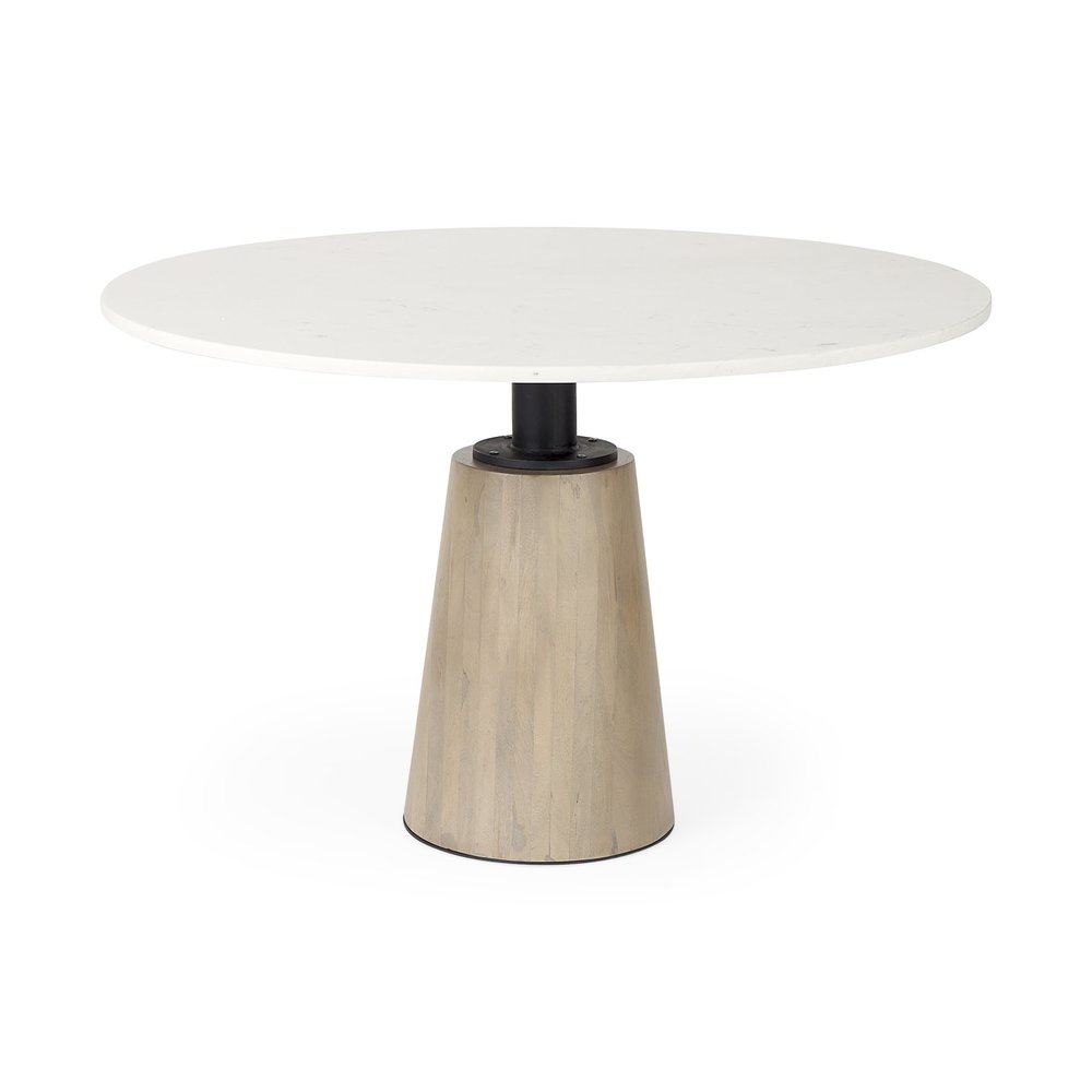 White and Natural Rounded Marble Pedestal Base Dining Table - 48-inch