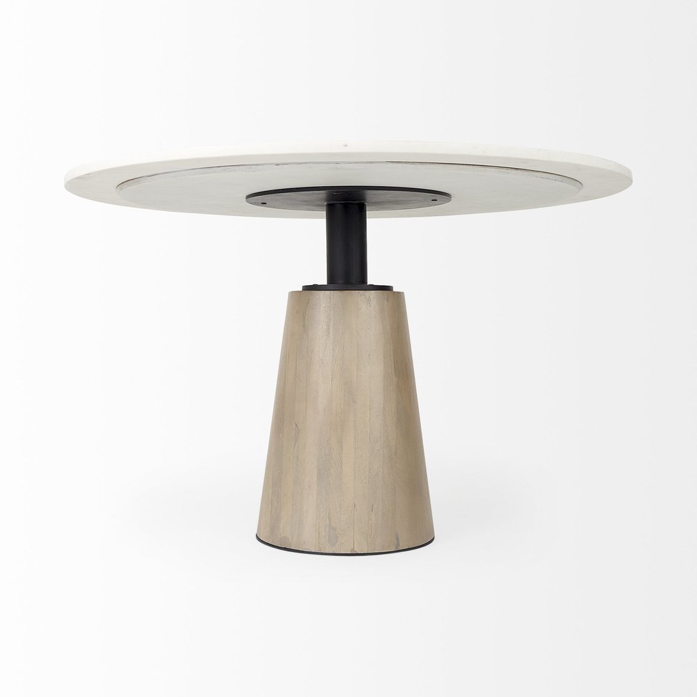 White and Natural Rounded Marble Pedestal Base Dining Table - 48-inch