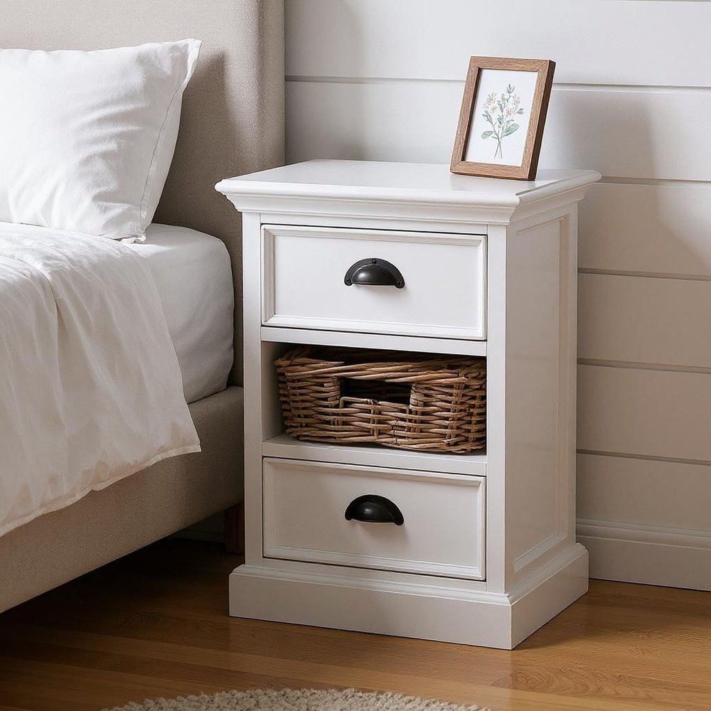 White Solid Wood Two Drawer Nightstand - 24-inch