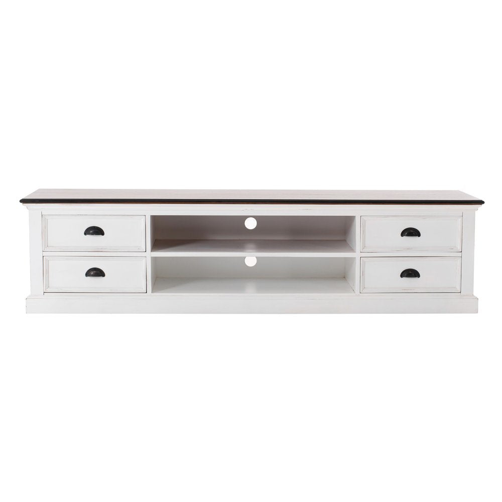 Distressed White and Brown Wood Entertainment Unit with Four Drawers
