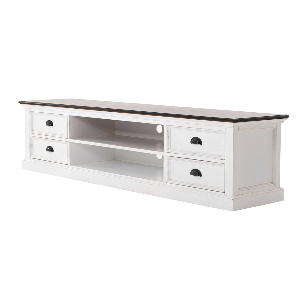 Distressed White and Brown Wood Entertainment Unit with Four Drawers