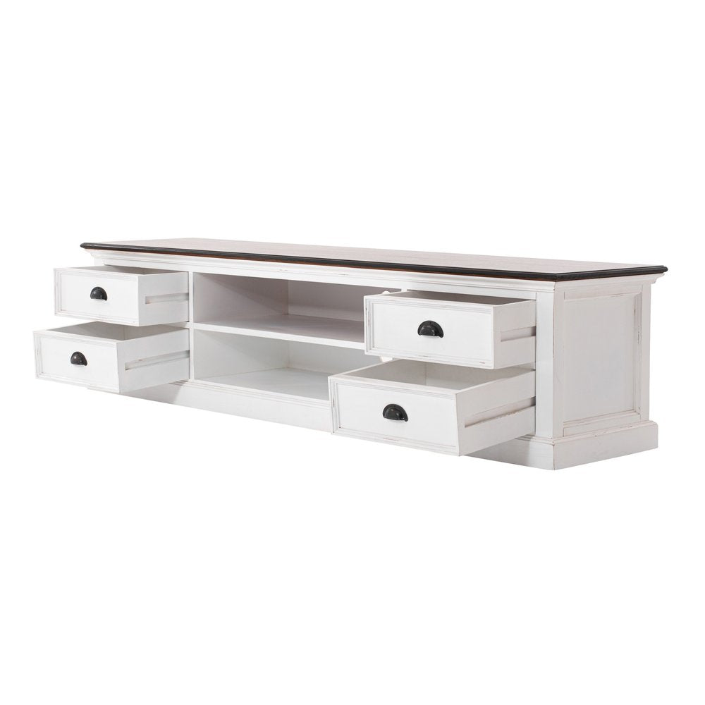 Distressed White and Brown Wood Entertainment Unit with Four Drawers