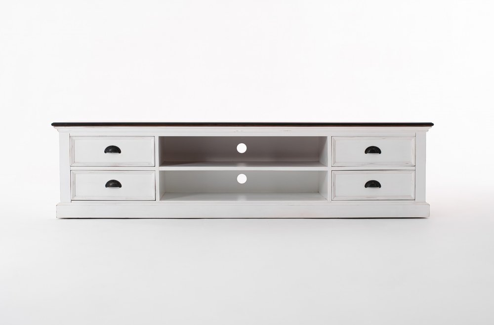 Distressed White and Brown Wood Entertainment Unit with Four Drawers