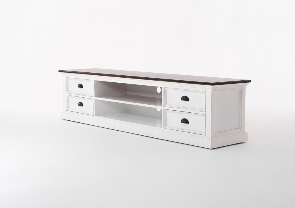 Distressed White and Brown Wood Entertainment Unit with Four Drawers