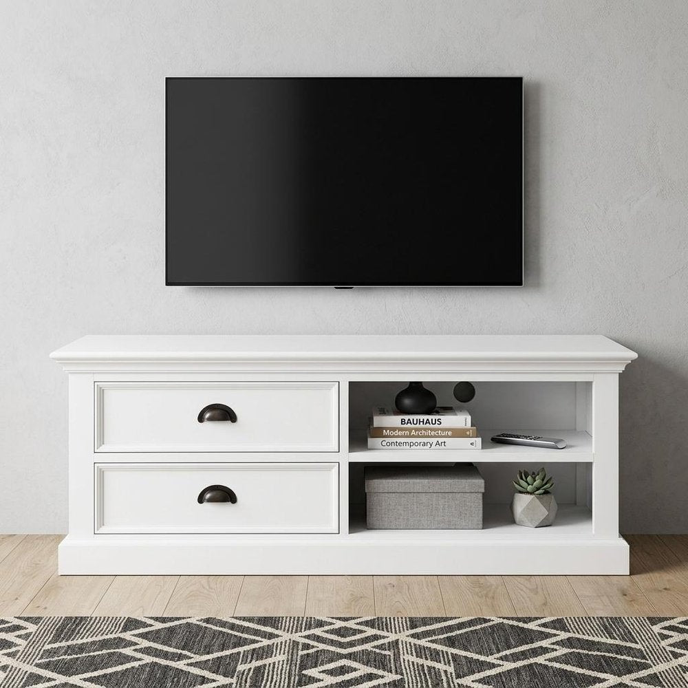 White Solid Wood Drawers and Open Shelving Entertainment Center