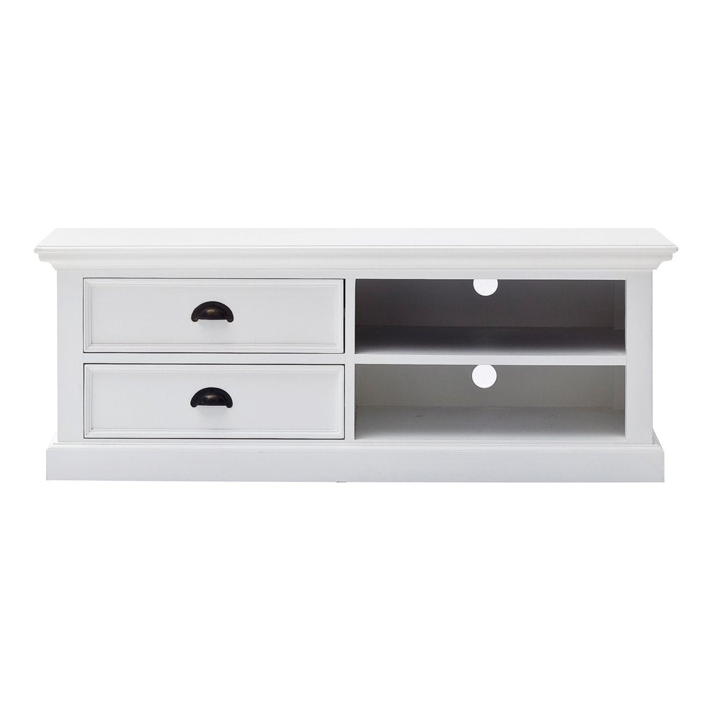 White Solid Wood Drawers and Open Shelving Entertainment Center