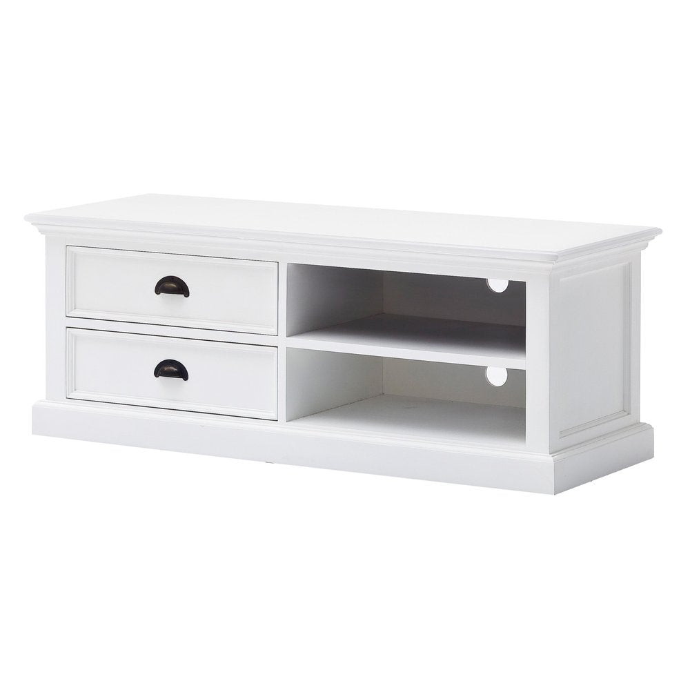 White Solid Wood Drawers and Open Shelving Entertainment Center