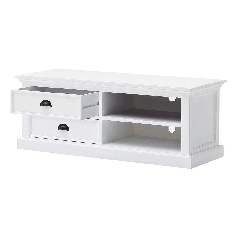 White Solid Wood Drawers and Open Shelving Entertainment Center