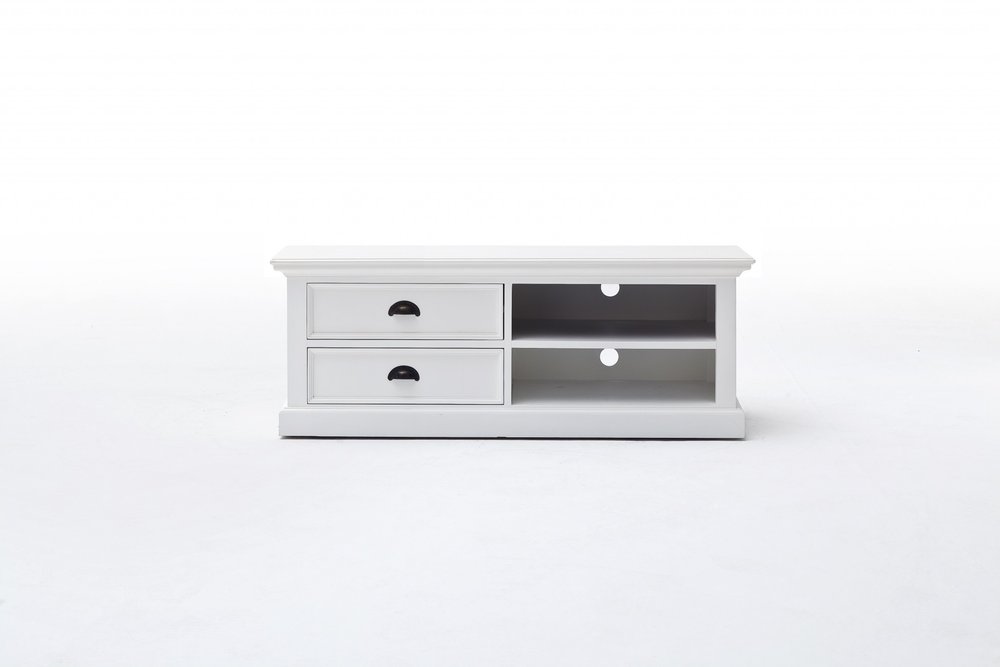 White Solid Wood Drawers and Open Shelving Entertainment Center