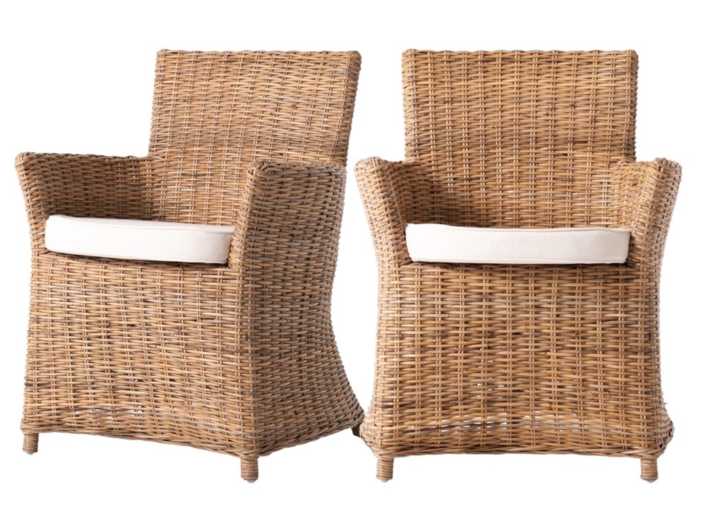 Set of Two Cream and Natural Rattan Dining Arm Chairs