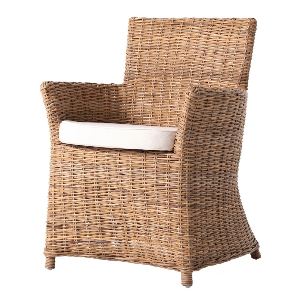 Set of Two Cream and Natural Rattan Dining Arm Chairs