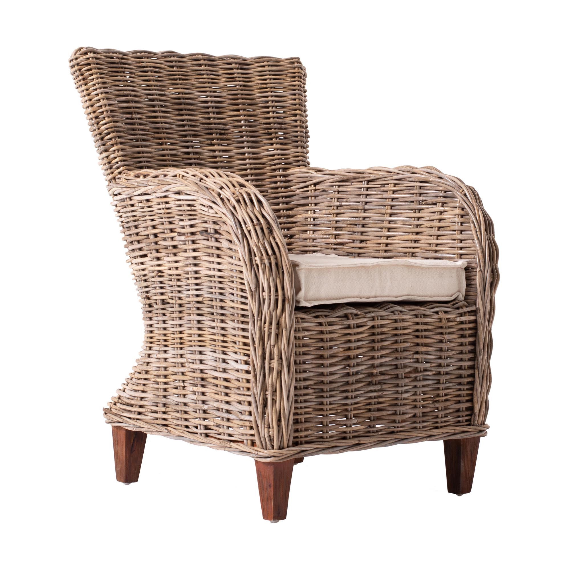 Set of Two Cream and Natural Woven Rattan Outdoor Dining Chairs with Cream Cushion