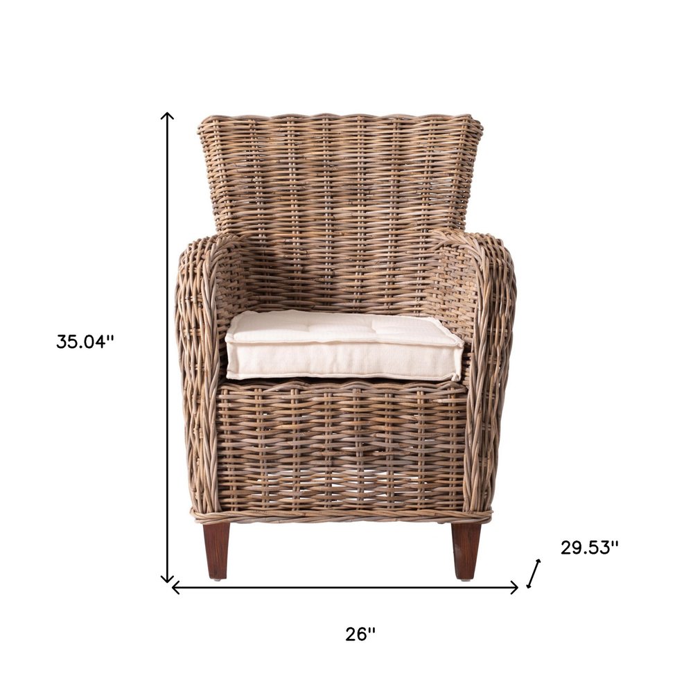 Set of Two Cream and Natural Woven Rattan Outdoor Dining Chairs with Cream Cushion