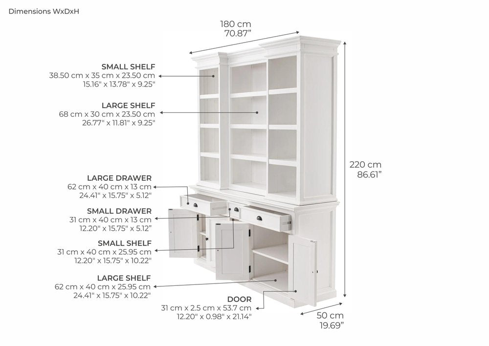 White Dining Hutch with Twelve Shelves and Three Drawers - 71-inch