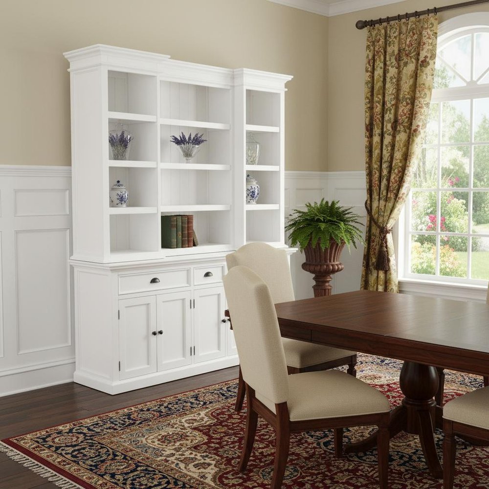 White Dining Hutch with Twelve Shelves and Three Drawers - 71-inch
