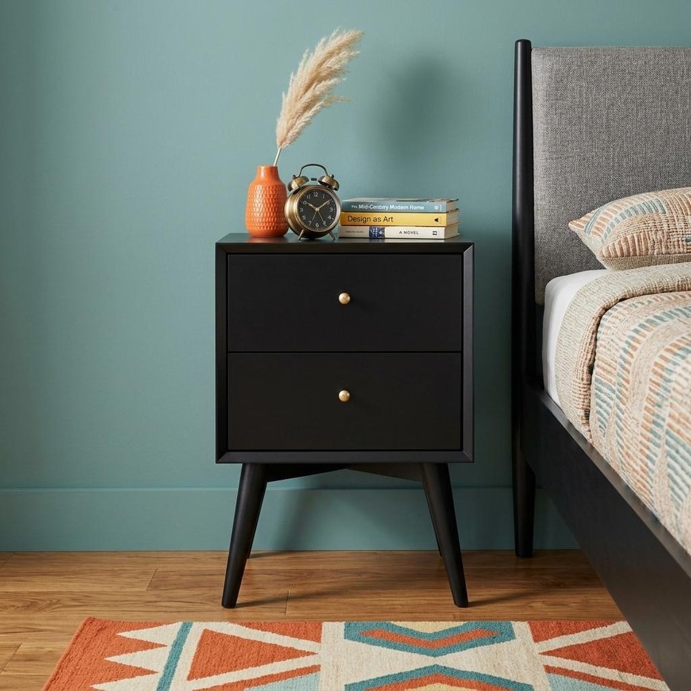 Black Solid Wood Two Drawer Nightstand - 26-inch