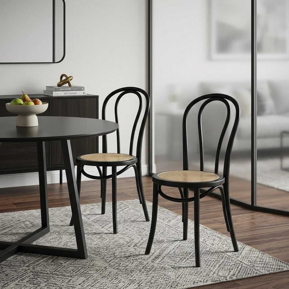 Set of Two Black and Natural Solid Wood and Rattan Curved Back Dining Side Chairs