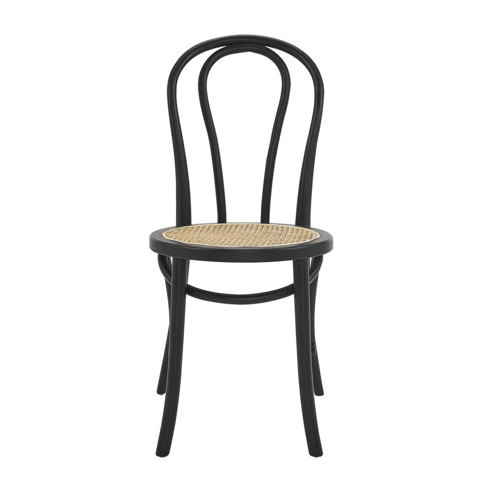 Set of Two Black and Natural Solid Wood and Rattan Curved Back Dining Side Chairs
