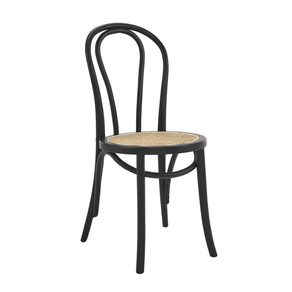 Set of Two Black and Natural Solid Wood and Rattan Curved Back Dining Side Chairs