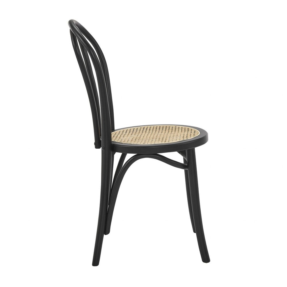 Set of Two Black and Natural Solid Wood and Rattan Curved Back Dining Side Chairs