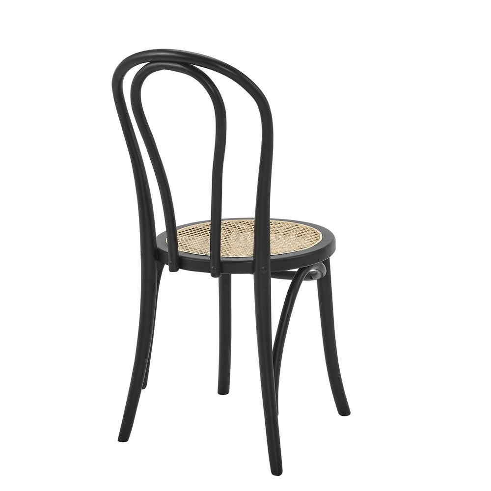 Set of Two Black and Natural Solid Wood and Rattan Curved Back Dining Side Chairs