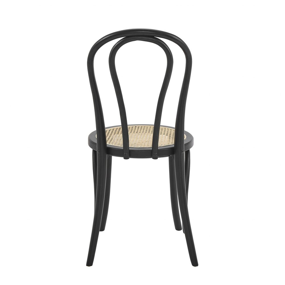 Set of Two Black and Natural Solid Wood and Rattan Curved Back Dining Side Chairs