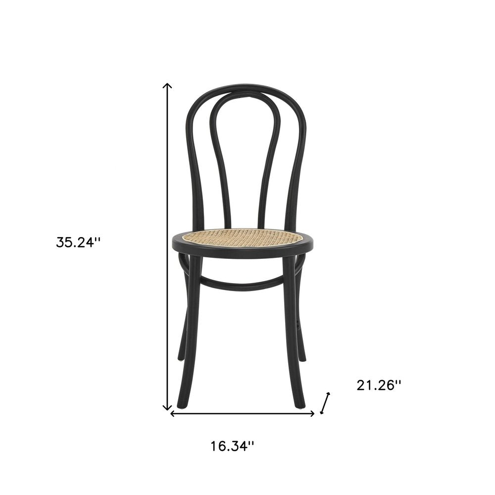 Set of Two Black and Natural Solid Wood and Rattan Curved Back Dining Side Chairs