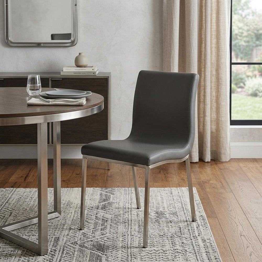 Set of Two Gray and Silver Upholstered Leather Dining Side Chairs